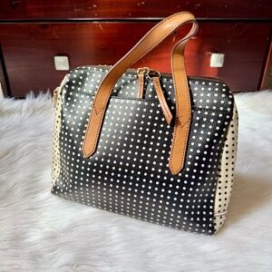 Fossil Sydney Polka Dot Satchel Black Cream Leather Trim